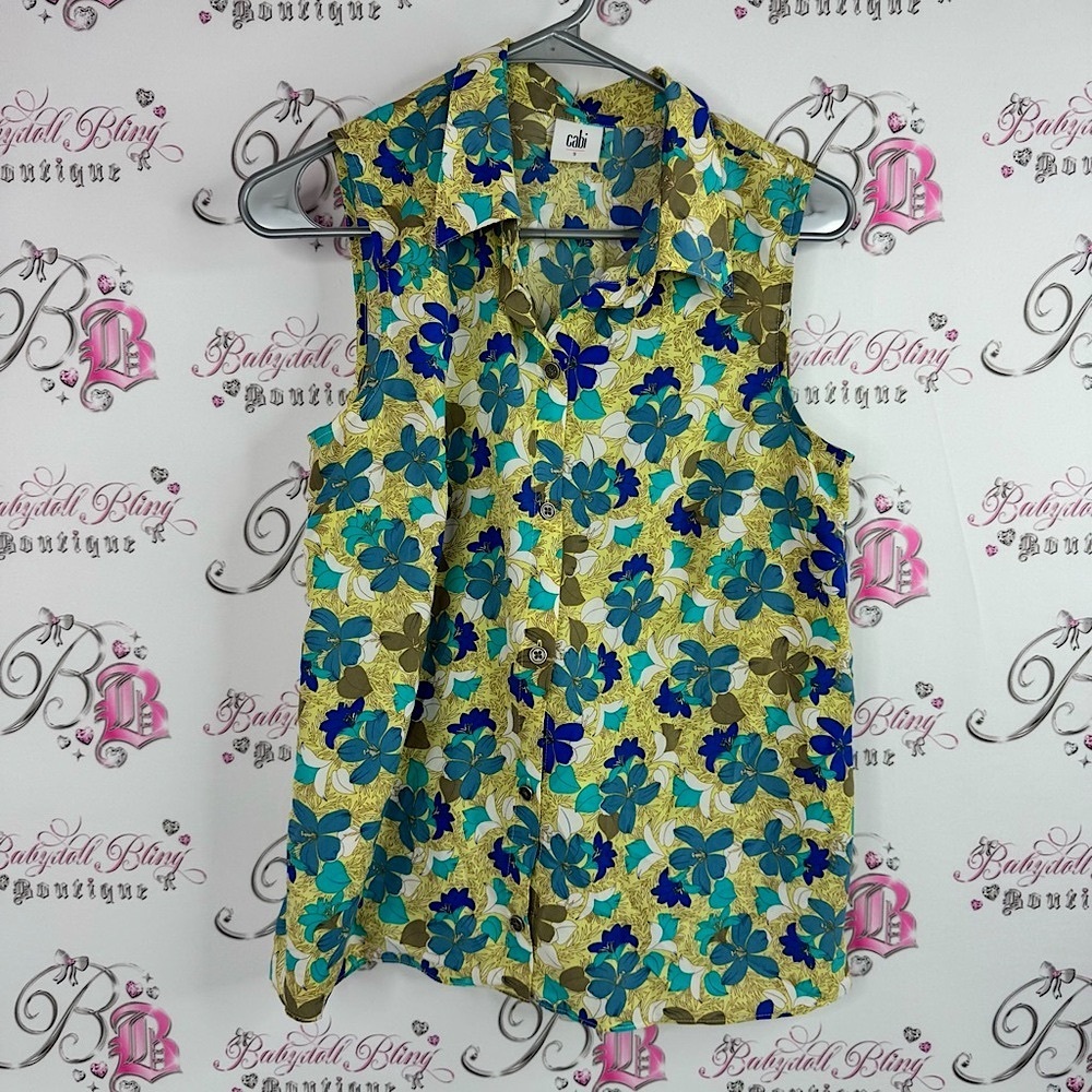 CAbi tank top button up flowers Floral Sleeveless Blouse - Blue and Green - Picture 1 of 7